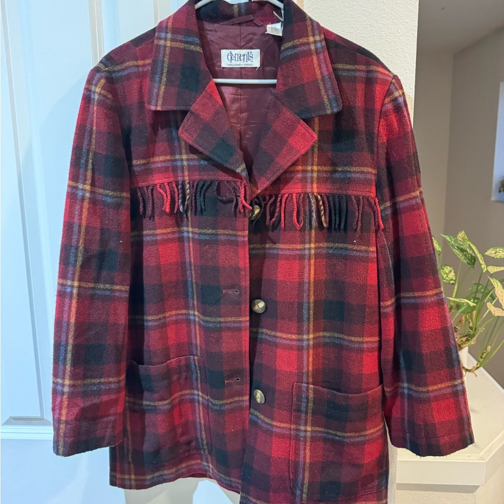 Charming Plaid Fringe Wool Jacket - Red Multi
